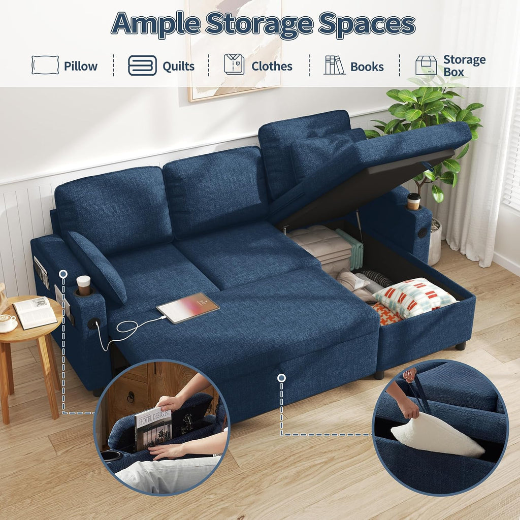 DURASPACE Sleeper Sofa Bed Pull Out Couch 2 in 1 Convertible Sofa Sleeper with Storage, L Shaped Sectional Couch Bed for Small Spaces Living Room Bedroom Apartment (Blue)