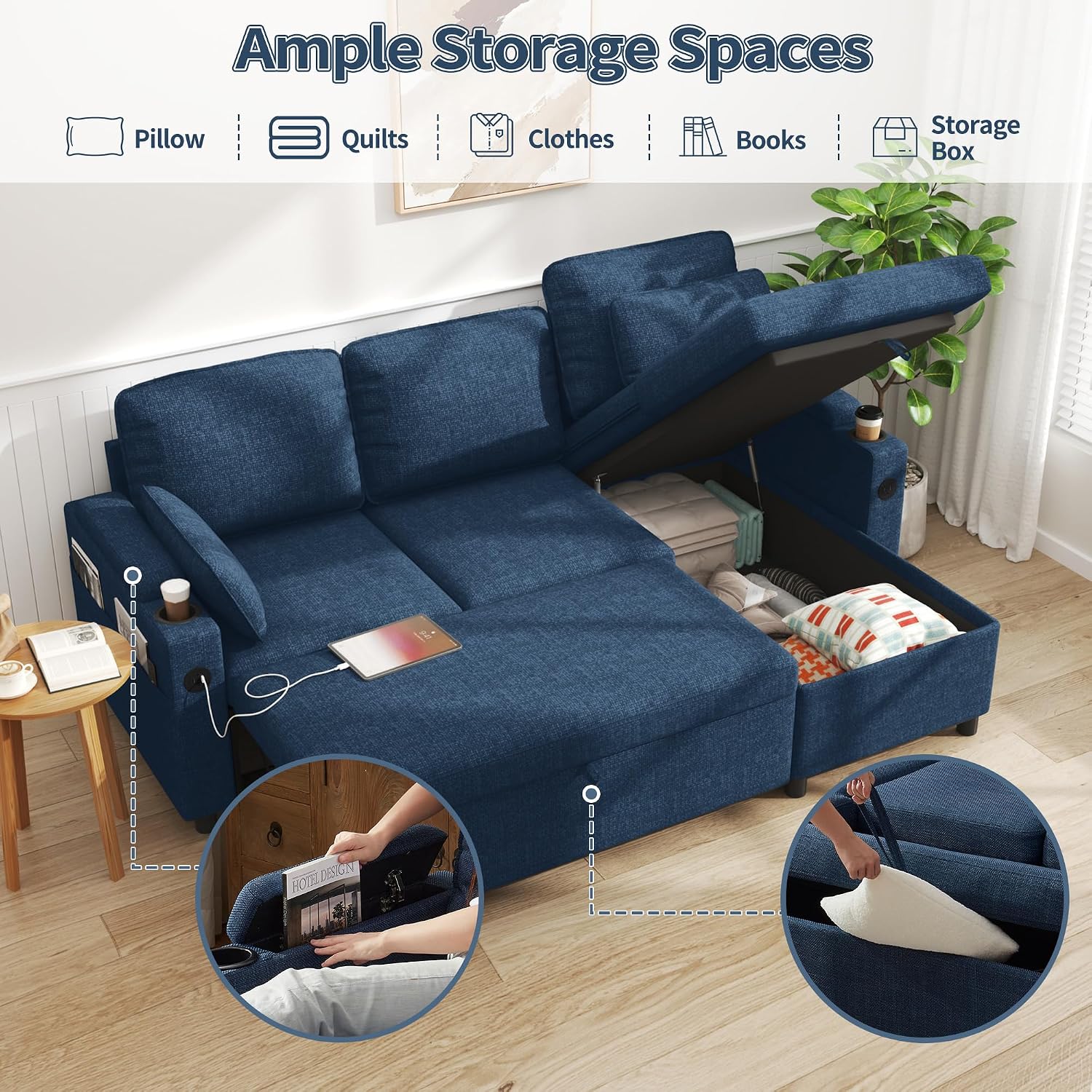 DURASPACE Sleeper Sofa Bed Pull Out Couch 2 in 1 Convertible Sofa Sleeper with Storage, L Shaped Sectional Couch Bed for Small Spaces Living Room Bedroom Apartment (Blue)