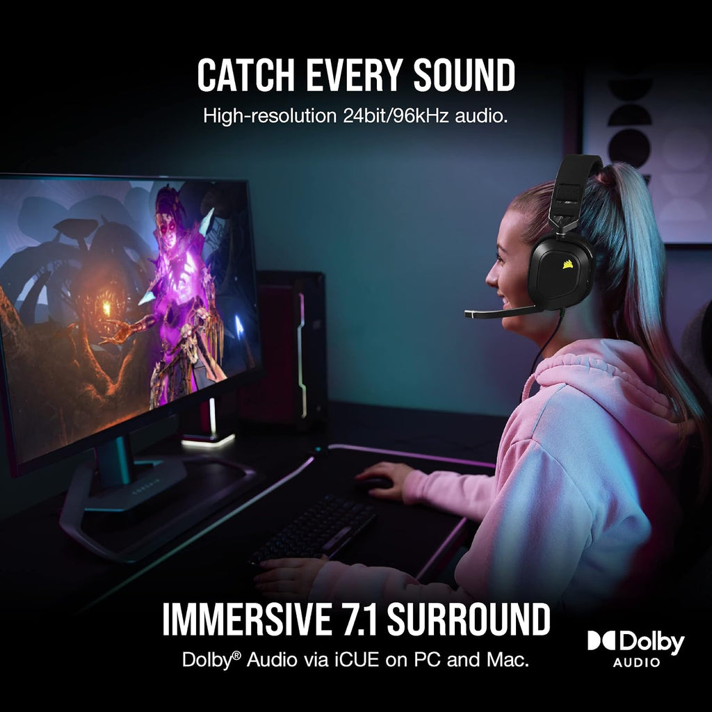 Corsair HS80 RGB USB Premium Gaming Headset with Dolby Audio 7.1 Surround Sound (Broadcast-Grade Omni-Directional Microphone, Memory Foam Earpads, High-Fidelity Sound, Durable Construction) Carbon