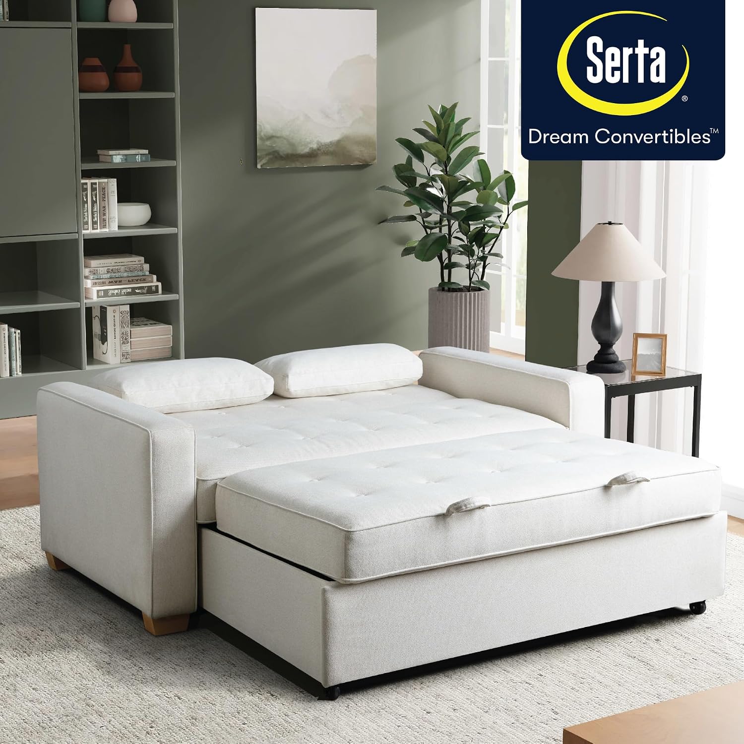 Serta Ainsley 66.5' Convertible Sleeper Loveseat, Full Size, Dreamcoil Comfort, Soft Woven Fabric, Oyster