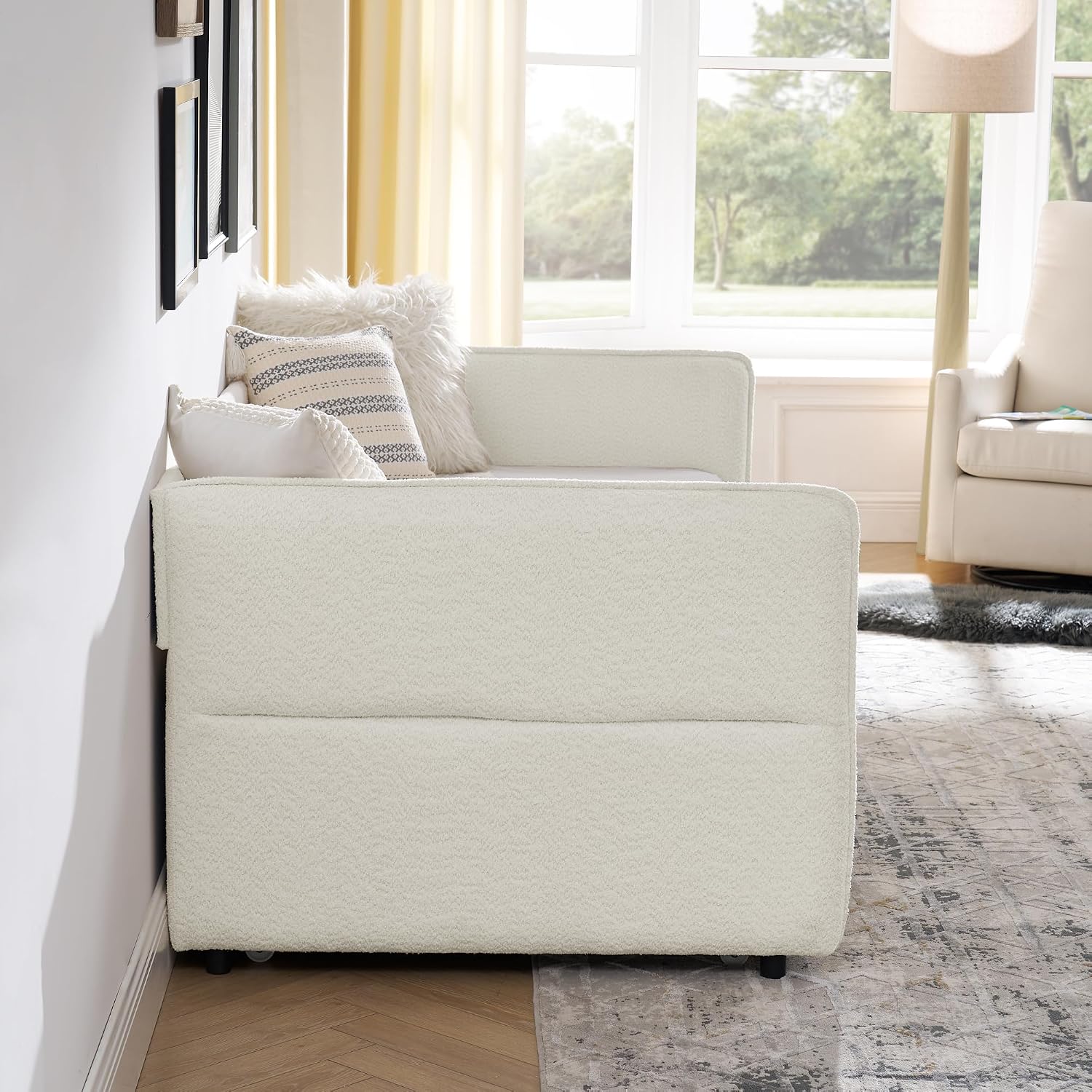 KEIKI Twin Size Upholstery Tufted Daybed with Erectable Trundle, Twin to King Design Modern Extendable Boucle Sofa Bed, Easy Assembly, No Box Spring Required, for Living Room and Bedroom, Beige