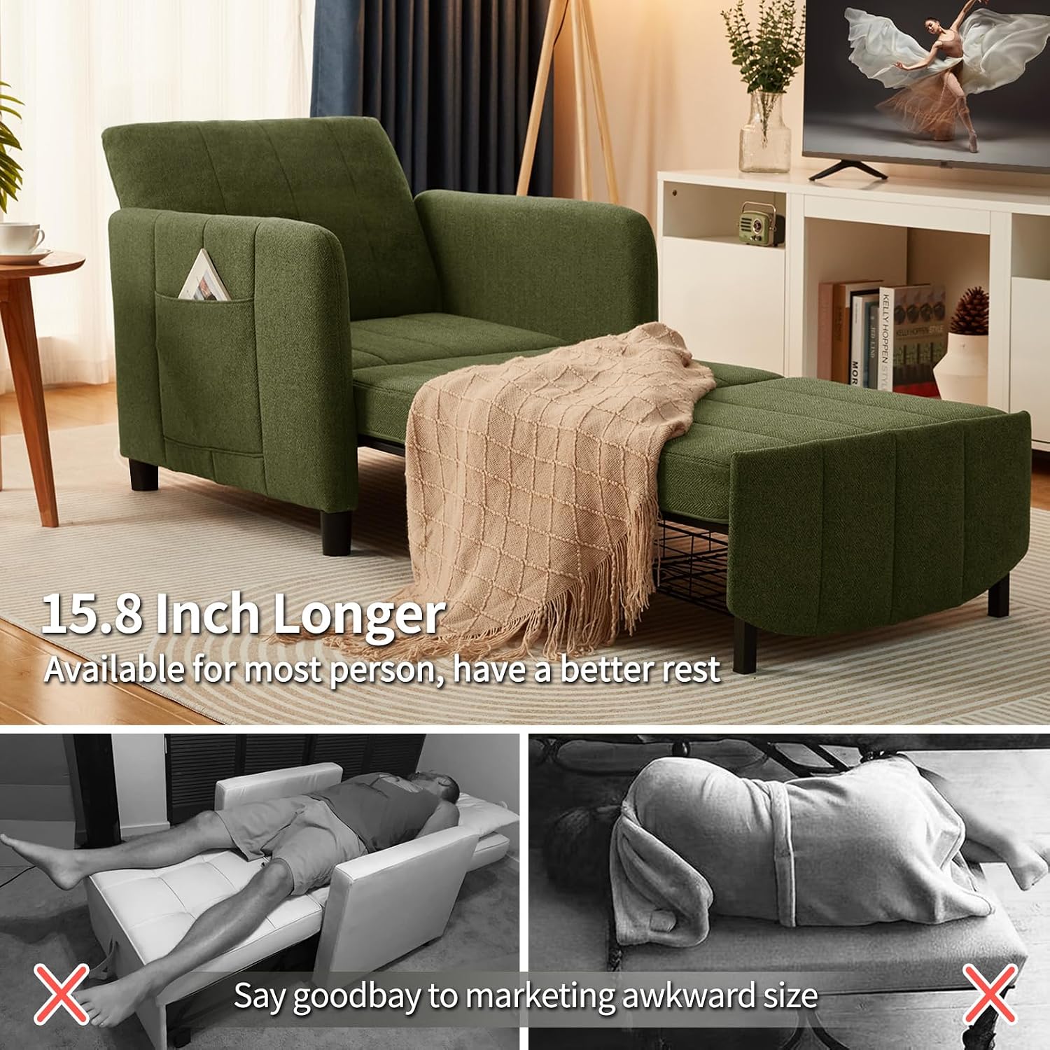 ZZW Sleeper Chair 84' Extra Long Convertible Chair Bed Upgraded 3-in-1 to 4-in-1 Pull Out Chair & Single Sofa Bed for Adult Sleeping Chair for Living Room Small Space (Modern Green)
