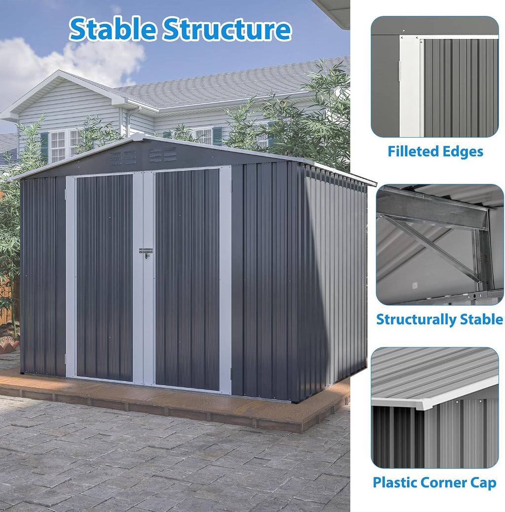YOPTO 8 x 6 FT Outdoor Storage Shed with Floor Frame,Utility Metal Tool Storage with Lockable Doors,Air Vents & Waterproof Roof, Large Garden Shed for Backyard, Patio Lawn,Gray