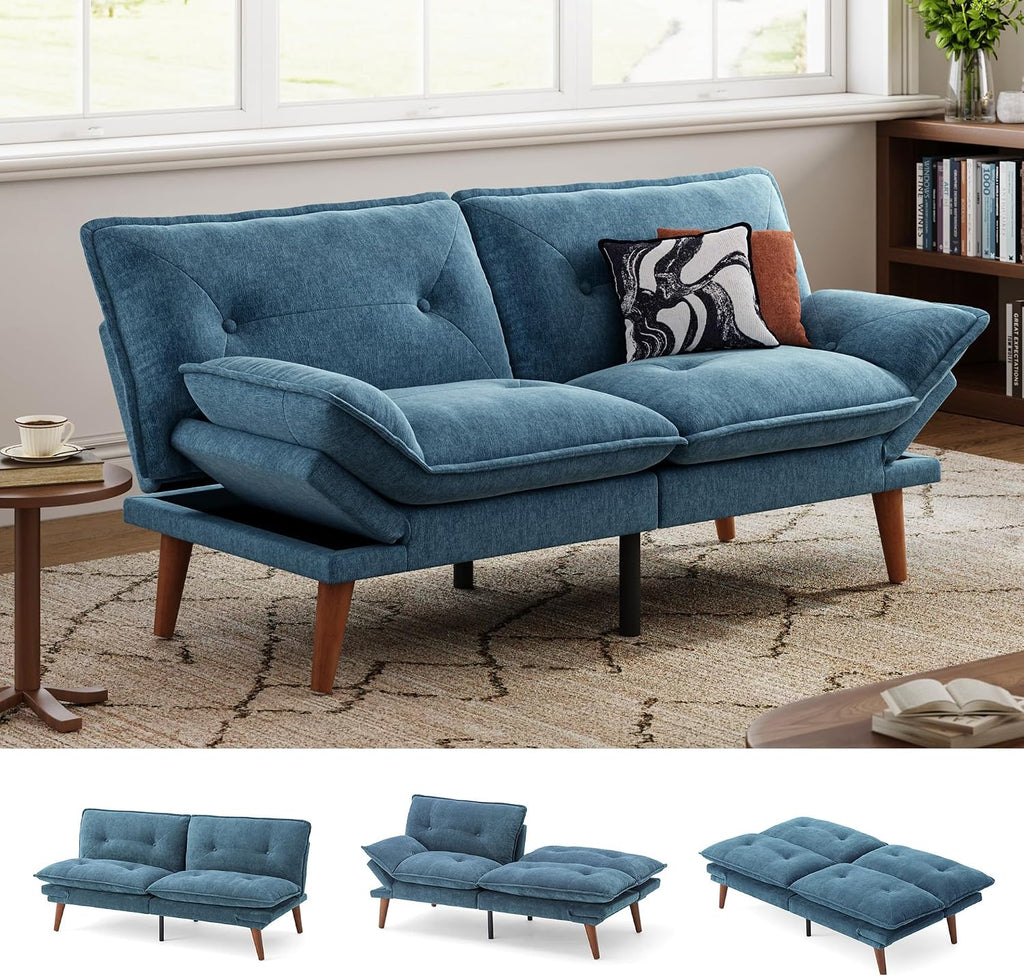 LINSY HOME Futon Sofa Bed, 70' Chenille Futon Couch with Adjustable Backrest Armrest, 3 in 1 Convertible Comfy Loveseat Sleeper Sofa Bed for Small Spaces Dorm Room Apartment Home Office, Blue