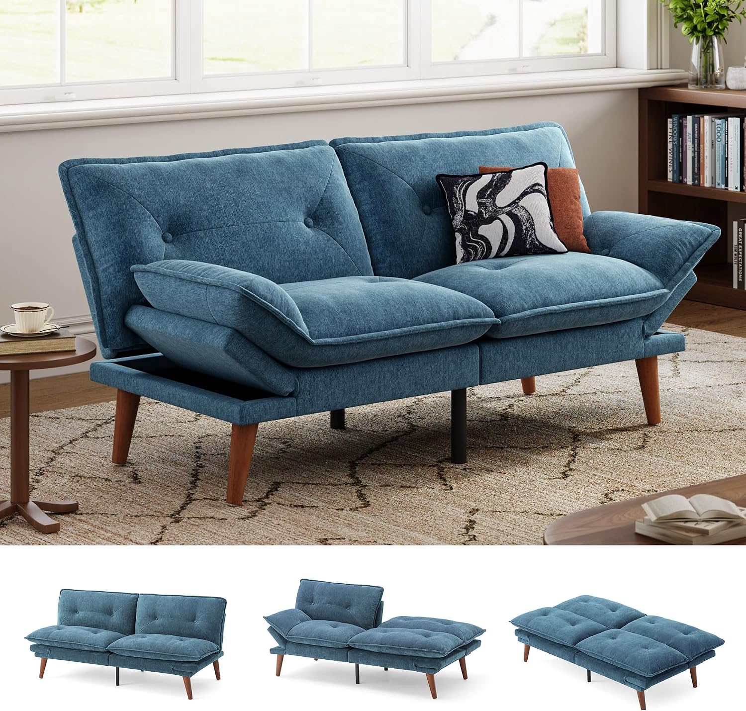 LINSY HOME Futon Sofa Bed, 70' Chenille Futon Couch with Adjustable Backrest Armrest, 3 in 1 Convertible Comfy Loveseat Sleeper Sofa Bed for Small Spaces Dorm Room Apartment Home Office, Blue