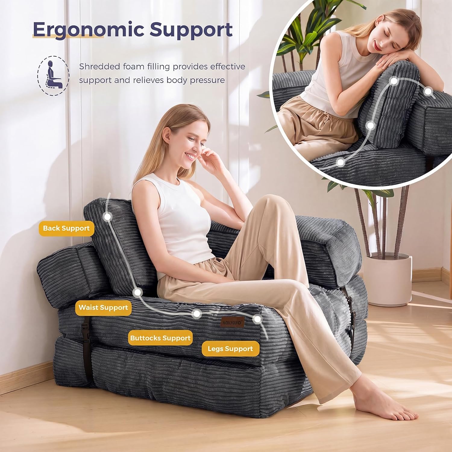 MAXYOYO Folding Sofa Bed, L-Shaped Convertible Sofa Bed with Armrest Foldable Sleeper Sofa with Pillow, Portable Fold Out Chair Bed Comfy Floor Lounge for Living Room Bedroom, Dark Grey
