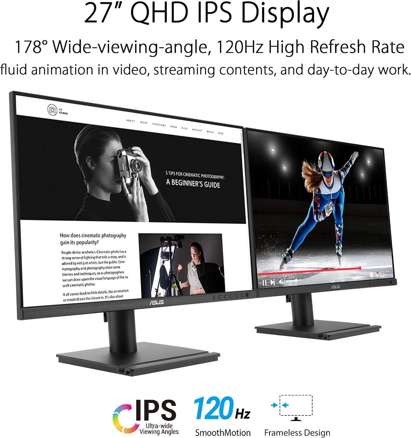 ASUS 27' 1440P Business Monitor (BE27AQG) - QHD (2560x1440), IPS, 120Hz, Ergonomic Design, Speakers, Height Adjustable, Power Sync, Eye Care, VESA Wall Mountable, 3 yr Warranty TAA Compliant