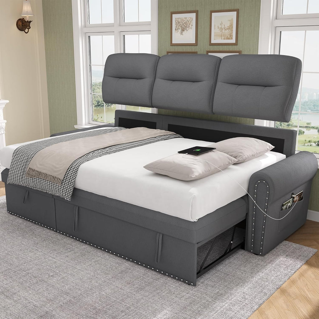 Sleeper Sofa Bed, 83'' Sectional Couch with Reversible Storage Chaise & Nailhead Armrest, Pull Out Couches for Living Room, Side Pocket & Charging Station, Removable Backrest, Velvet Fabric, Dark Grey