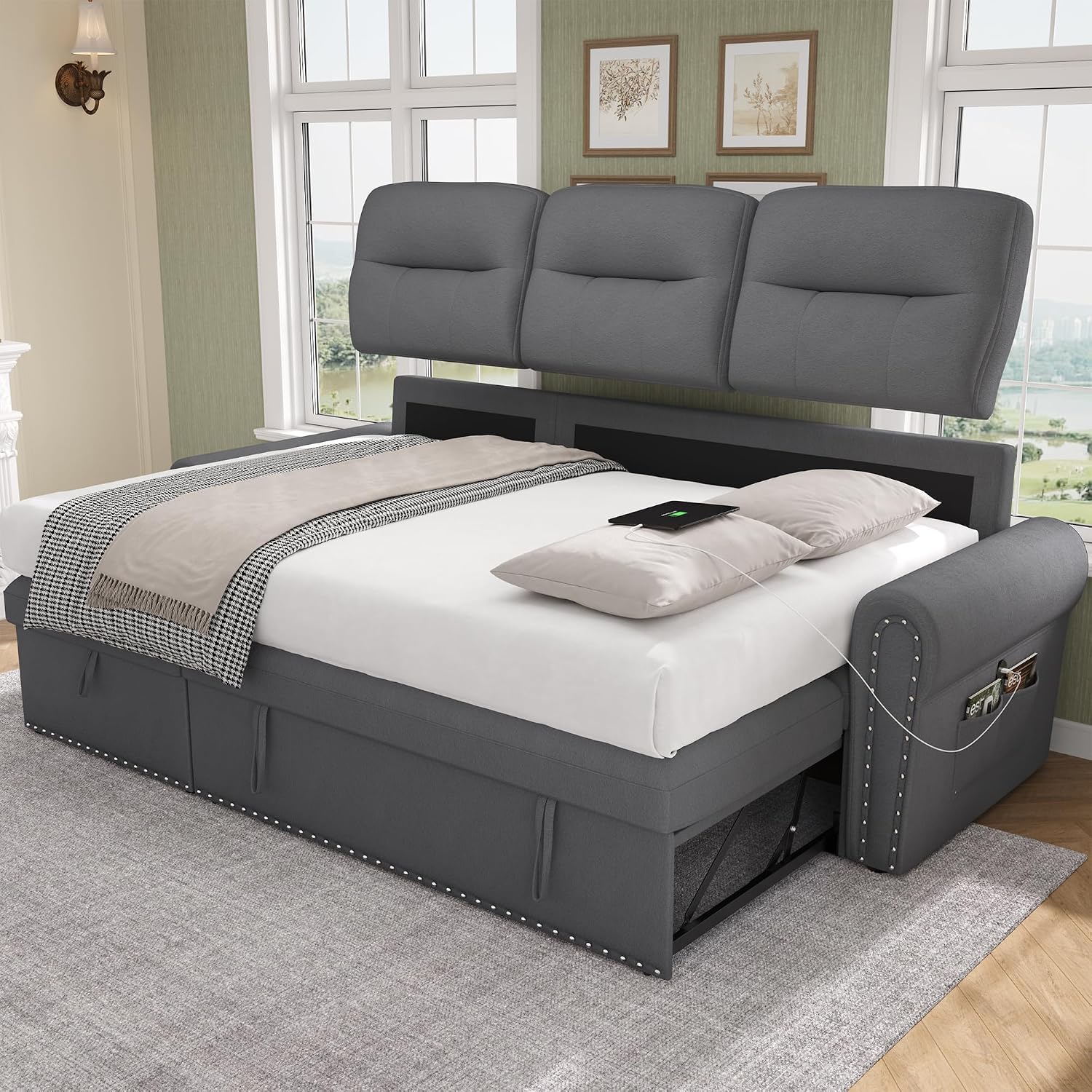 Sleeper Sofa Bed, 83'' Sectional Couch with Reversible Storage Chaise & Nailhead Armrest, Pull Out Couches for Living Room, Side Pocket & Charging Station, Removable Backrest, Velvet Fabric, Dark Grey