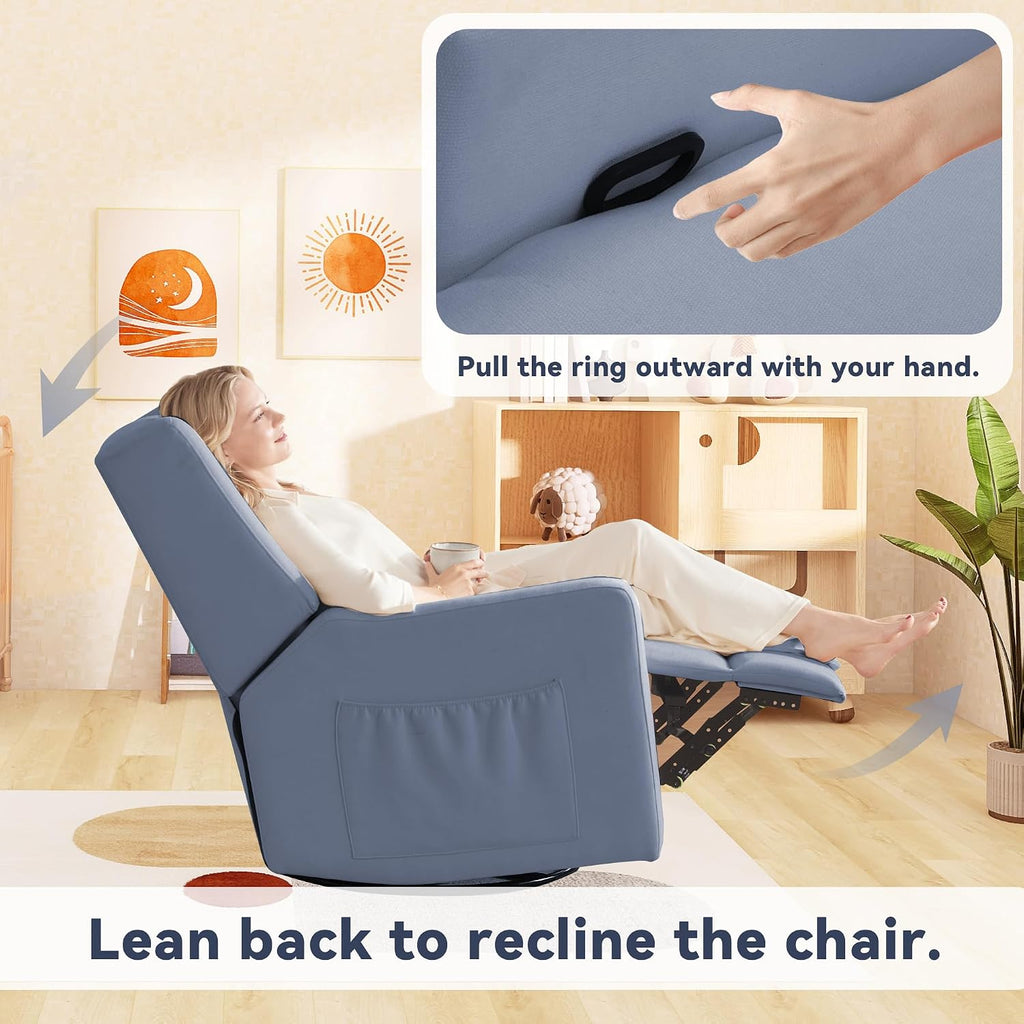Tbfit Nursery Rocking Chair, 360° Swivel Recliner Chair with Lumbar Support for Bedroom, Comfy Upholstered Armchair with Pillows & Footrest for Living Room & Baby Room