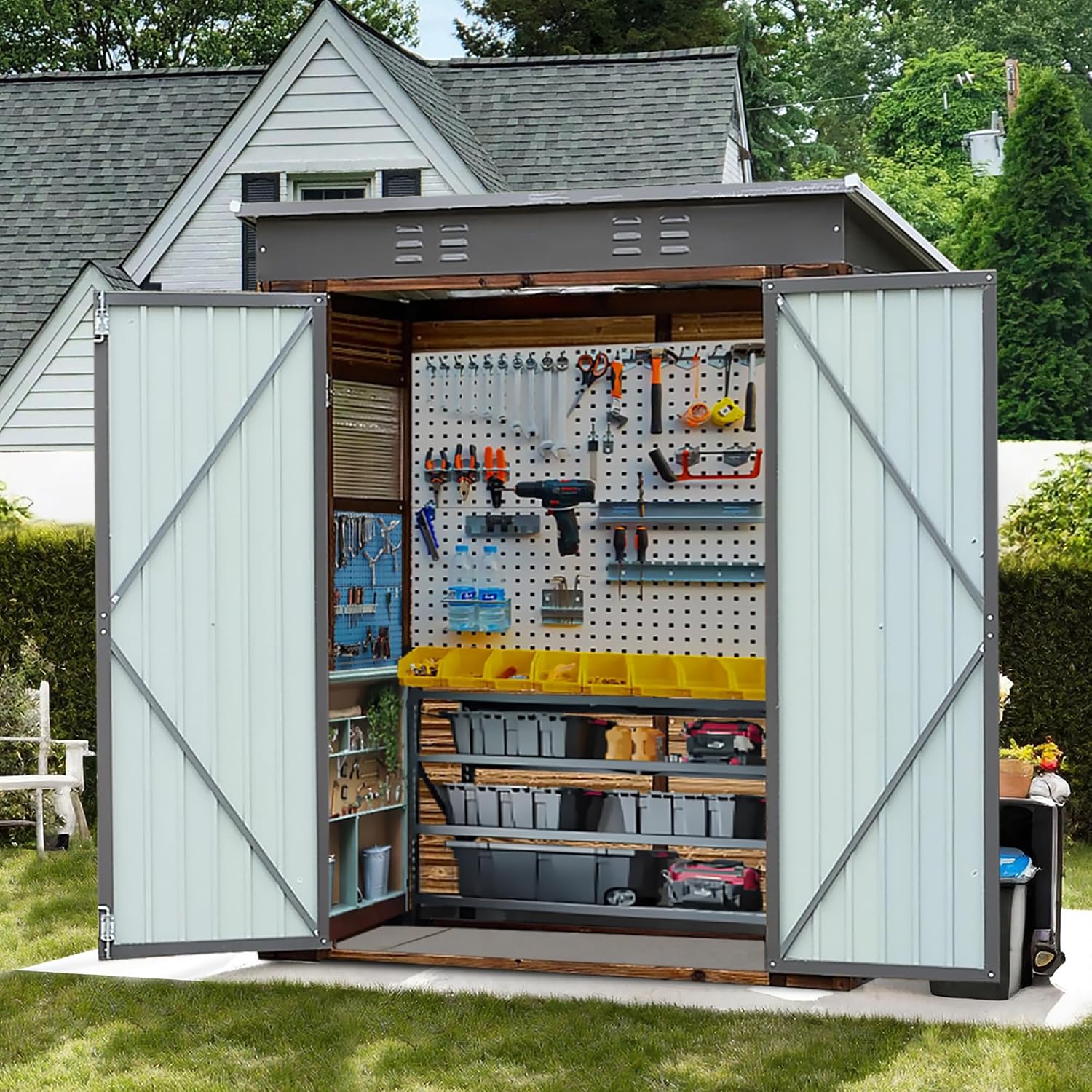 5x3 FT Outdoor Wood Storage Shed, Garden Tool Shed with Windows, Outside Storage Shed Waterproof for Backyard, Garden, Patio, 4 Vents (Without Floor) Wood Color