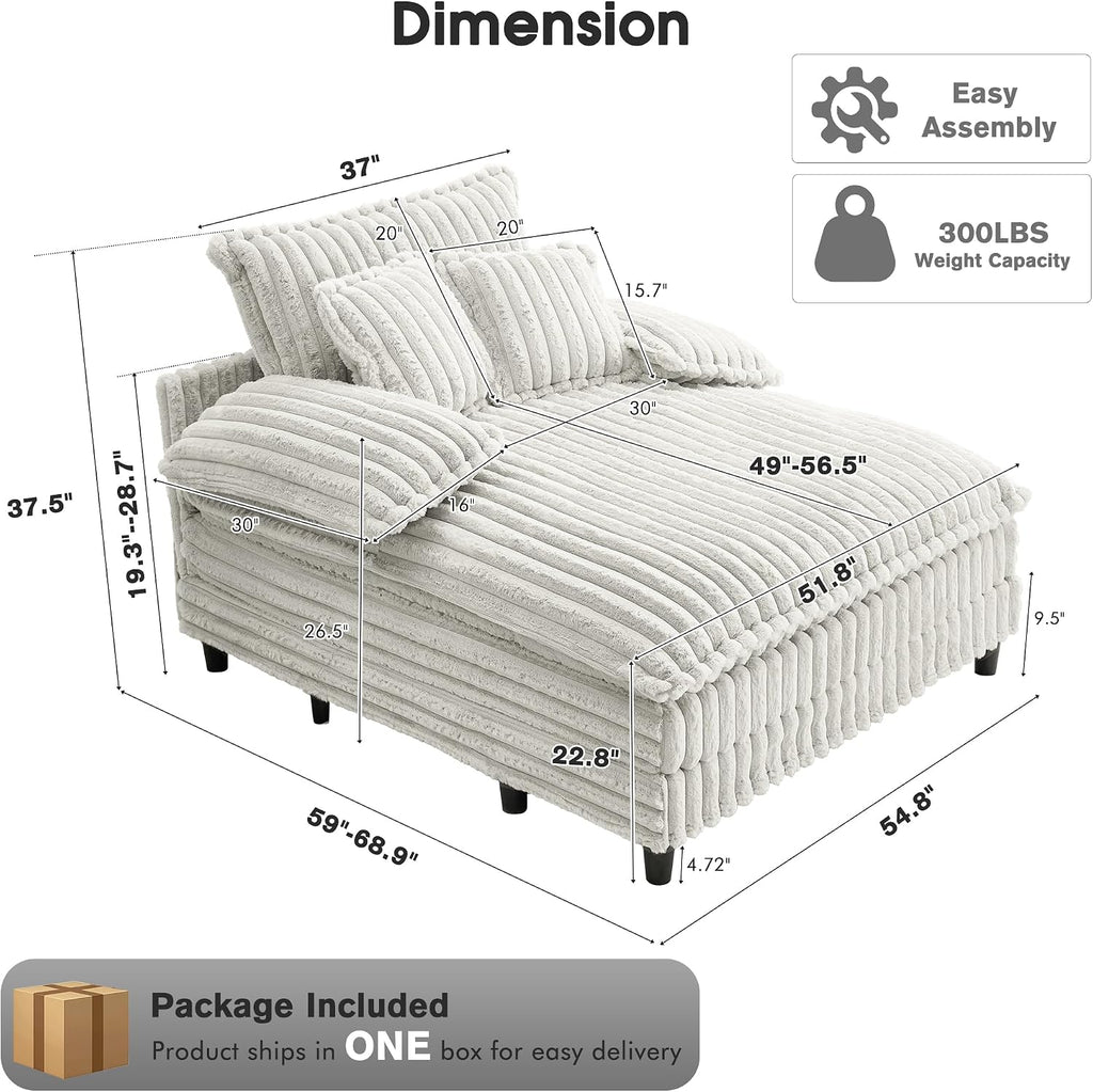 WESTSETLUX 54.8' W Oversized Chaise Lounge Chair Indoor with 5-Position Adjustable Backrest, Plush Sleeper Sofa Bed with Pillows, Upholstered Cloud Couch Chair for Living Room, Study Room, Silver Grey