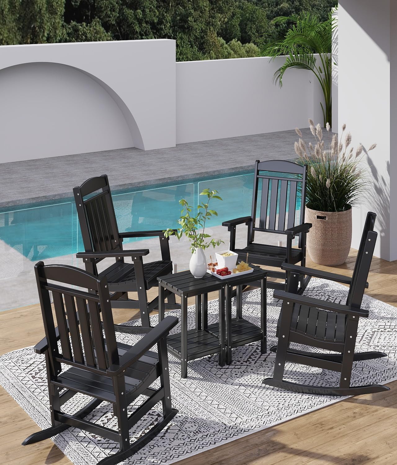 FOOWIN 3-Piece Outdoor Rocking Chairs Set, High Back Patio Rocker with Side Table, HDPE All Weather Resistant Oversized Rocking Chairs for Indoors, Porch, Patio, Backyard, Black (Black, 3-Set)