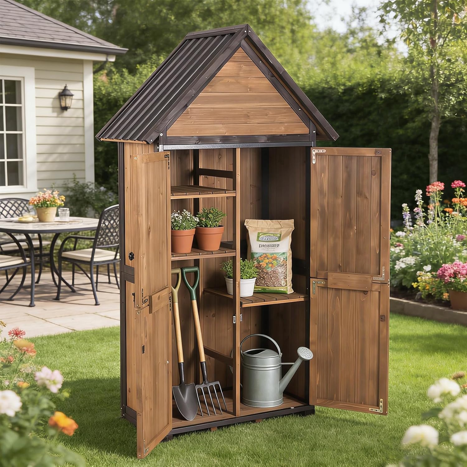GUTINNEEN Outdoor Storage Shed with All Around Strong Metal Frame, Garden Tool Sheds Cabinet with Floor & Adjustable Shelves, Wooden Tool House for Backyard Garden Patio Lawn 67.1' H (Dark Brown)