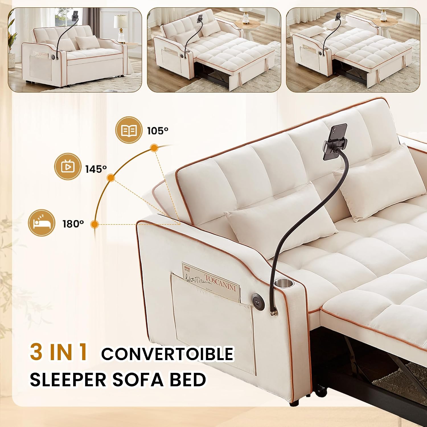 Sleeper Sofa Couch Bed with Phone Holder, Modern 3-in-1 Convertible Velvet Pull Out Loveseat Futon Sofa with USB & Type C Port & Cup Holder for Living Room Bedroom Office