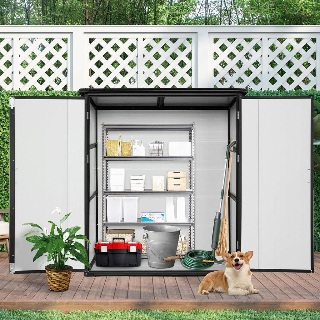 5x3 FT Outdoor Storage Shed Waterproof Resin Cabinet with Lockable Doors Heavy Duty Metal Shed Tool Sheds for Garden Backyard Lawn Bikes Patio Furniture, Easy Assembly, Gray (Black)