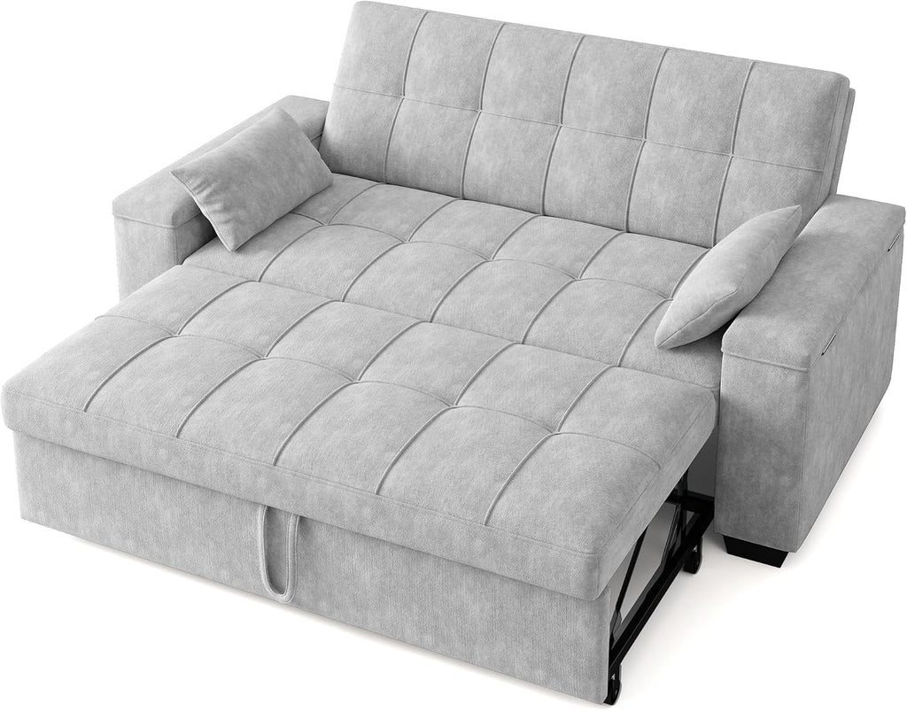 Gizoon Convertible Sofa Bed Futon, 70.9'' Sleeper Loveseat with Pull Out Couch, 3 in 1 Plush Fleece Fabric Futon Couch with Side Pockets, Storage Armrest & Adjustable Backrest for Living Room, Grey
