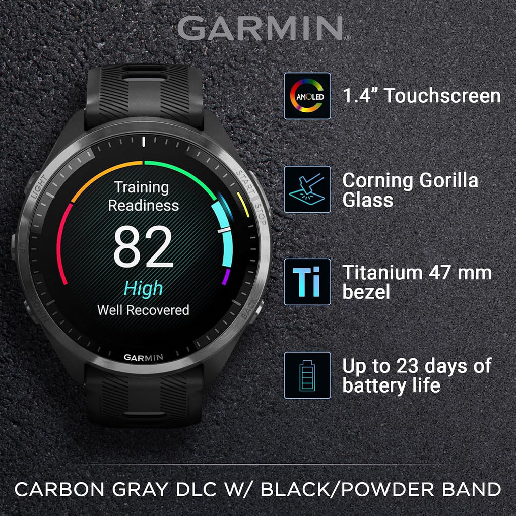 Garmin Forerunner 965 Premium GPS Running and Triathlon 47mm Smartwatch with AMOLED Touchscreen Display, Carbon Gray DLC Titanium Bezel with Black Silicone Band with White Earbuds