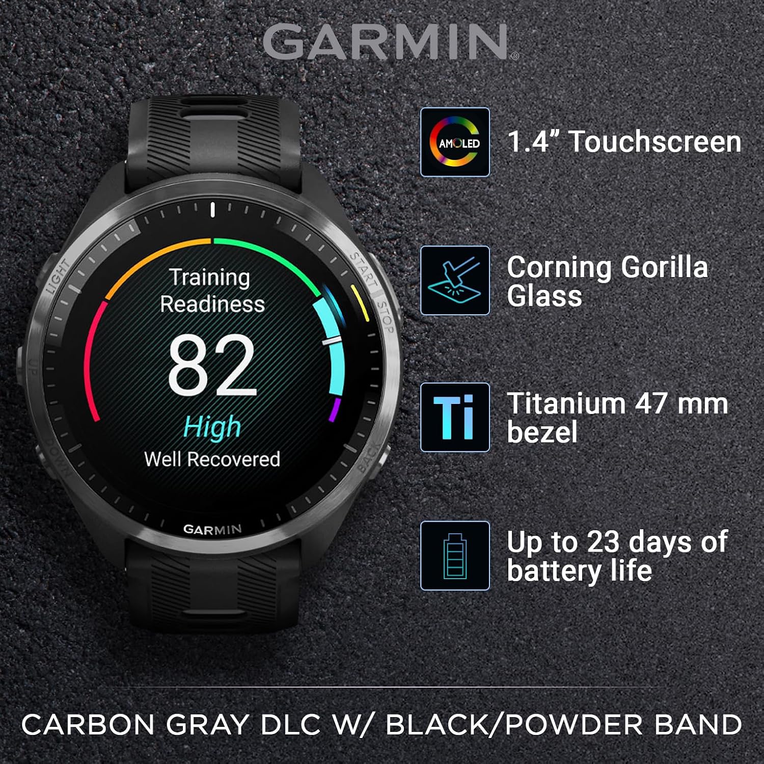 Garmin Forerunner 965 Premium GPS Running and Triathlon 47mm Smartwatch with AMOLED Touchscreen Display, Carbon Gray DLC Titanium Bezel with Black Silicone Band with White Earbuds