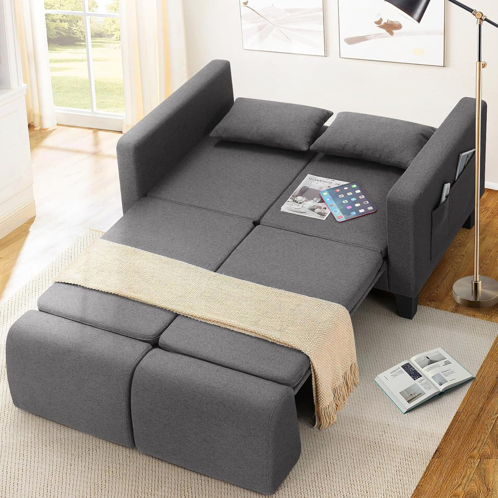 SEJOV 6-in-1 Convertible Sofa Bed, 58' Loveseat Sleeper Sofas with Pull Out Couch Bed, Removable Backrest, Storage Pockets and 2 Pillows, Modern Folding Linen Futon Couch for Small Spaces, Gray
