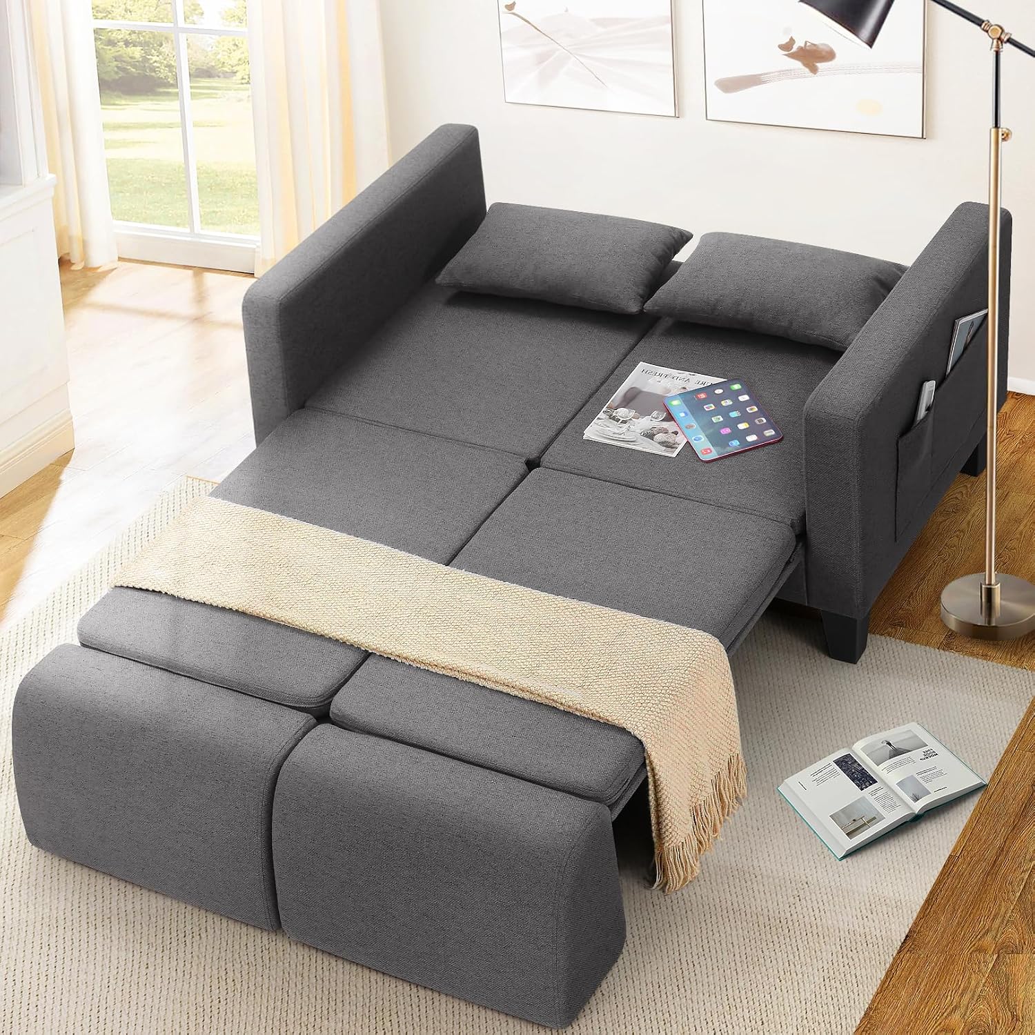 SEJOV 6-in-1 Convertible Sofa Bed, 58' Loveseat Sleeper Sofas with Pull Out Couch Bed, Removable Backrest, Storage Pockets and 2 Pillows, Modern Folding Linen Futon Couch for Small Spaces, Gray