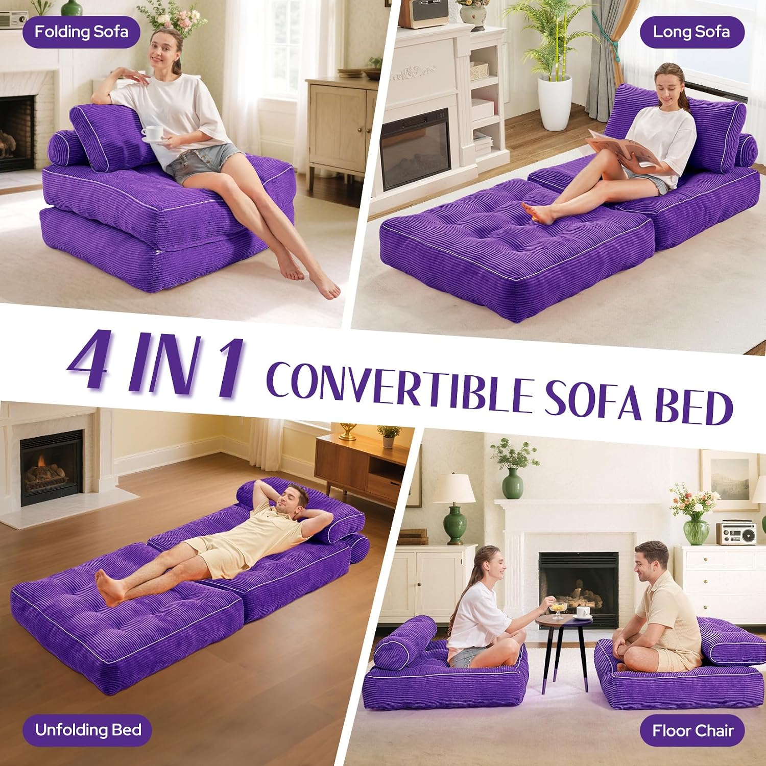 HABUTWAY Folding Sofa Bed, Convertible Sleeper Chair Bed w/Dual-Pillow & Handle, Foldable Floor Sofa Lounge w/Back Support for Living Room, Bedroom, Apartment, Office, Single, Purple