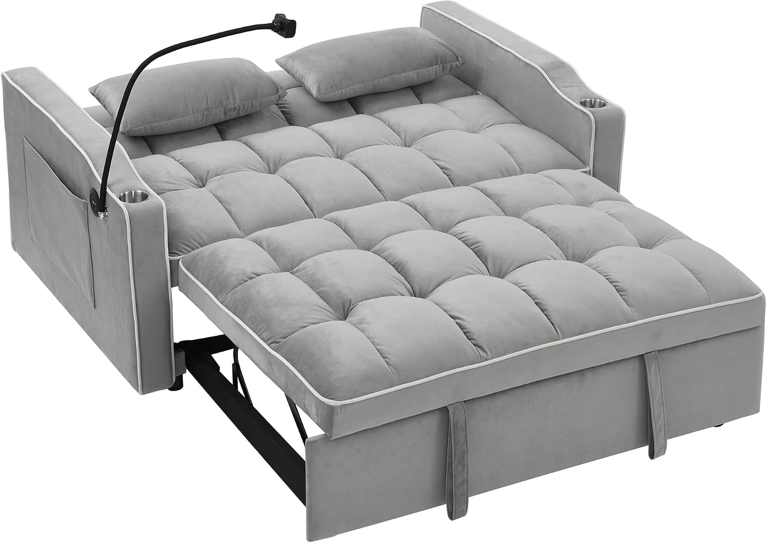 Merax Foldable Sofa Bed with 2 USB Charging Ports, Pull Out Velvet Loveseat Sleeper with Phone Holder, Modern Futon Couch with Cup Holders & Adjustable Backrest for Living Room,Grey