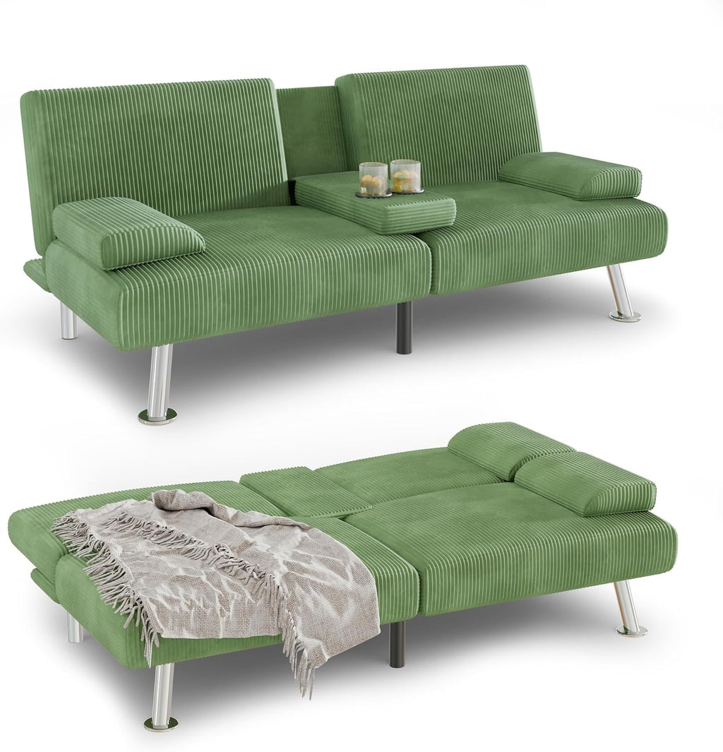 YESHOMY Futon Sofa Bed, Futon Couch with Adjustable Backrest, Convertible Sleeper Sofa with Removable Armrests, Loveseat in Corduroy with 2 Cup Holders for Living Room, Apartment (Green)
