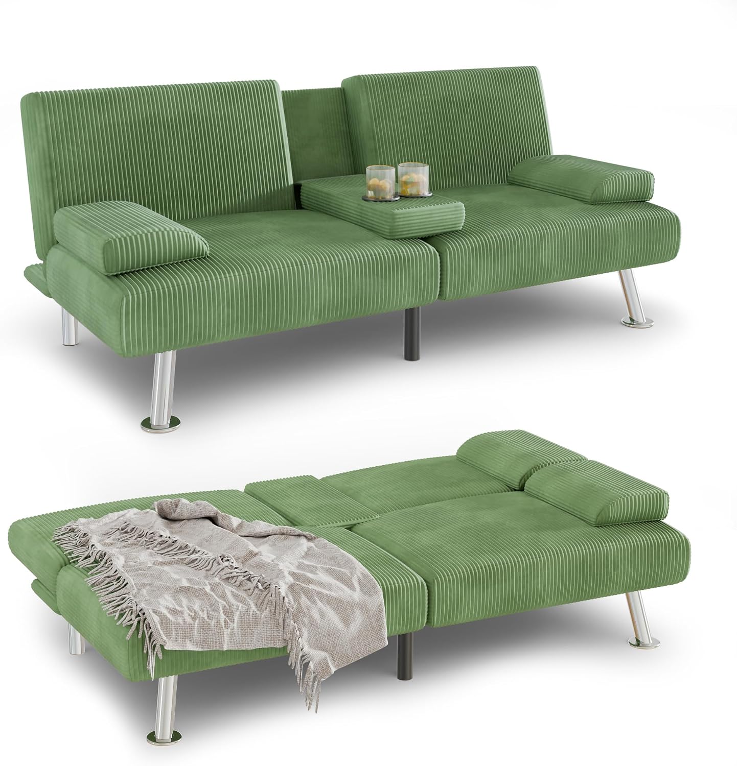 YESHOMY Futon Sofa Bed, Futon Couch with Adjustable Backrest, Convertible Sleeper Sofa with Removable Armrests, Loveseat in Corduroy with 2 Cup Holders for Living Room, Apartment (Green)