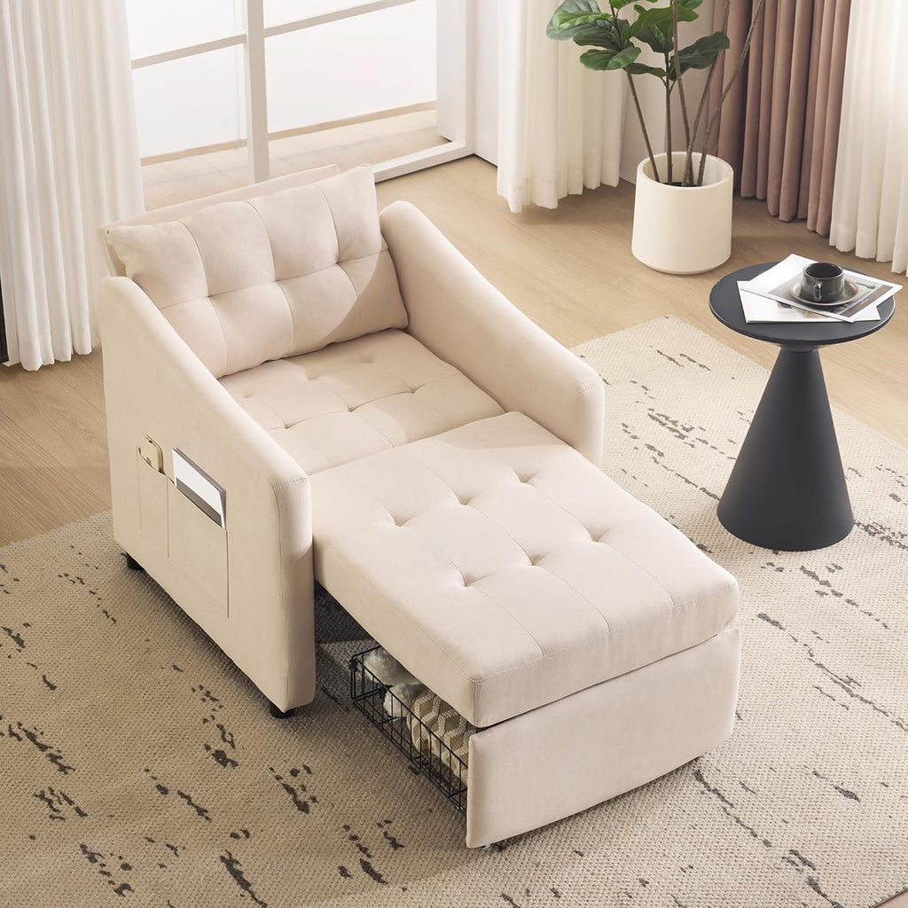 Bezseller Sleeper Sofa Chair Bed, 3-in-1 Convertible Sleeper Chair with Storage Drawer, Pull Out Couch with Side Pocket, Pillow, and Adjustable Backrest, for Living Room Bedroom Apartment, Beige