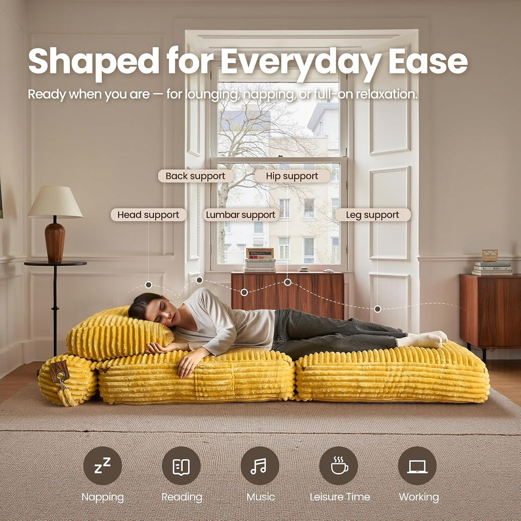 ovios Folding Sofa Bed, Foldable Sleeper Chair Floor Futon, Comfy Portable Convertible Fold Out Lounge Chairs for Living Room Bedroom, Yellow