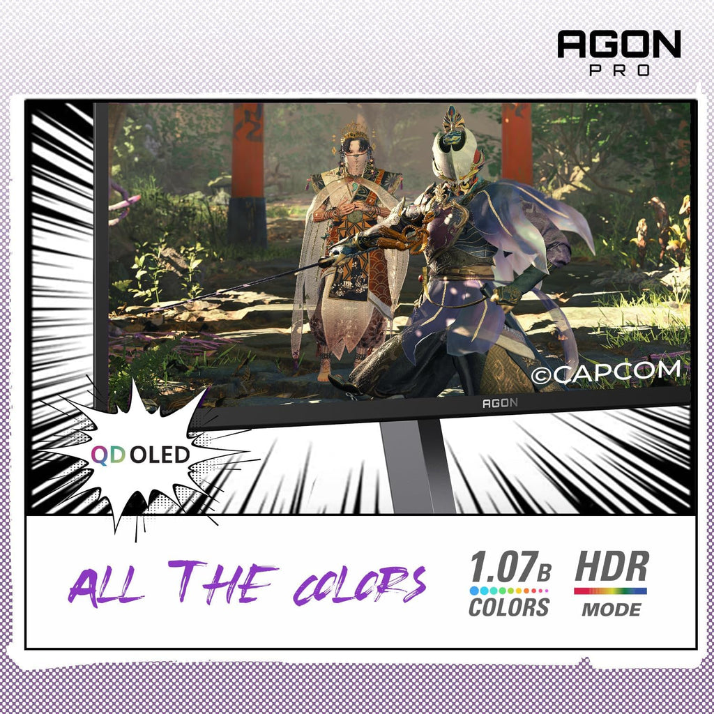 AOC Agon PRO 27' QD-OLED Gaming Monitor, QHD 2560x1440, 240Hz, 0.03ms GtG, HDR400 True Black, Adaptive Sync, Height Adjustable, DisplayPort, HDMI, USB, Built-in Speakers, AG276QZD2