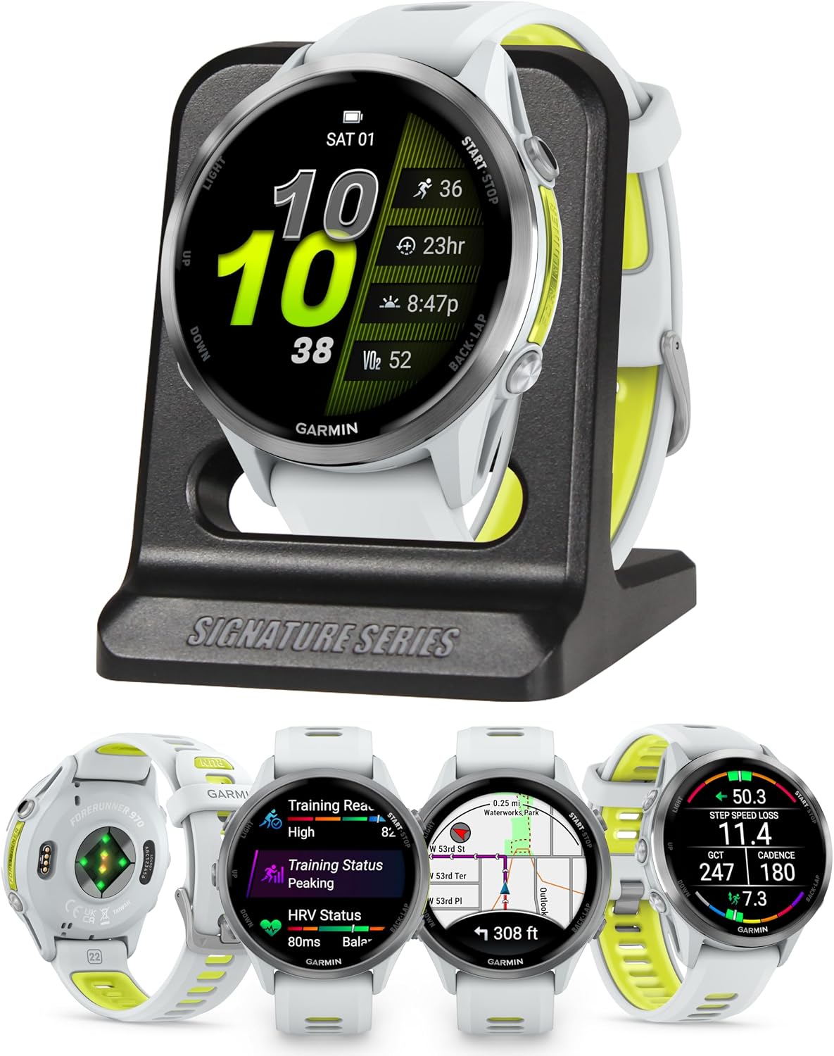 Garmin Forerunner 970 Premium Triathlon GPS Smartwatch, Titanium | Bright AMOLED Display, Built-in Mapping, Training Readiness with Signature Series Modern Power Stand Bundle