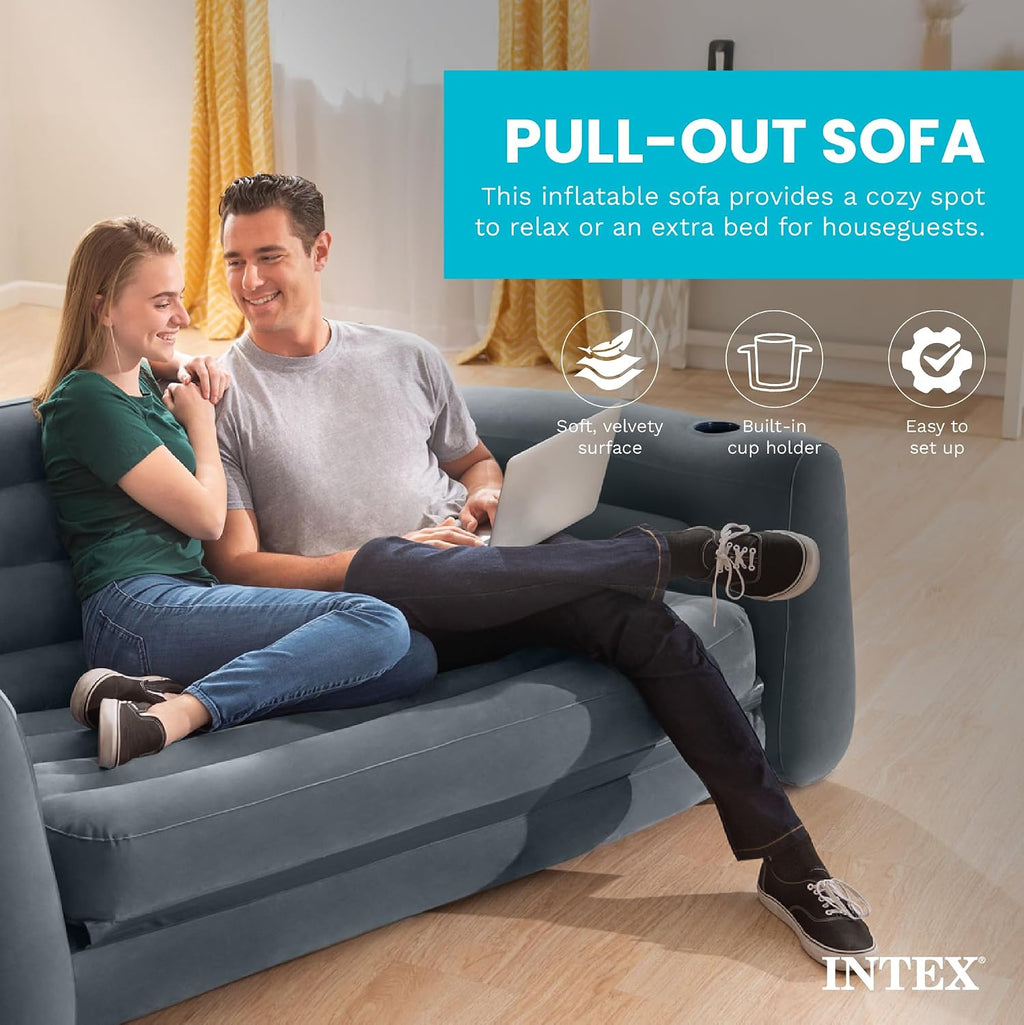 Intex 2 in 1 Inflatable Pull Out Sofa and Queen Size Air Bed Mattress with Cup Holders for Indoor and Outdoor Use for Adults (2 Pack), Charcoal Gray