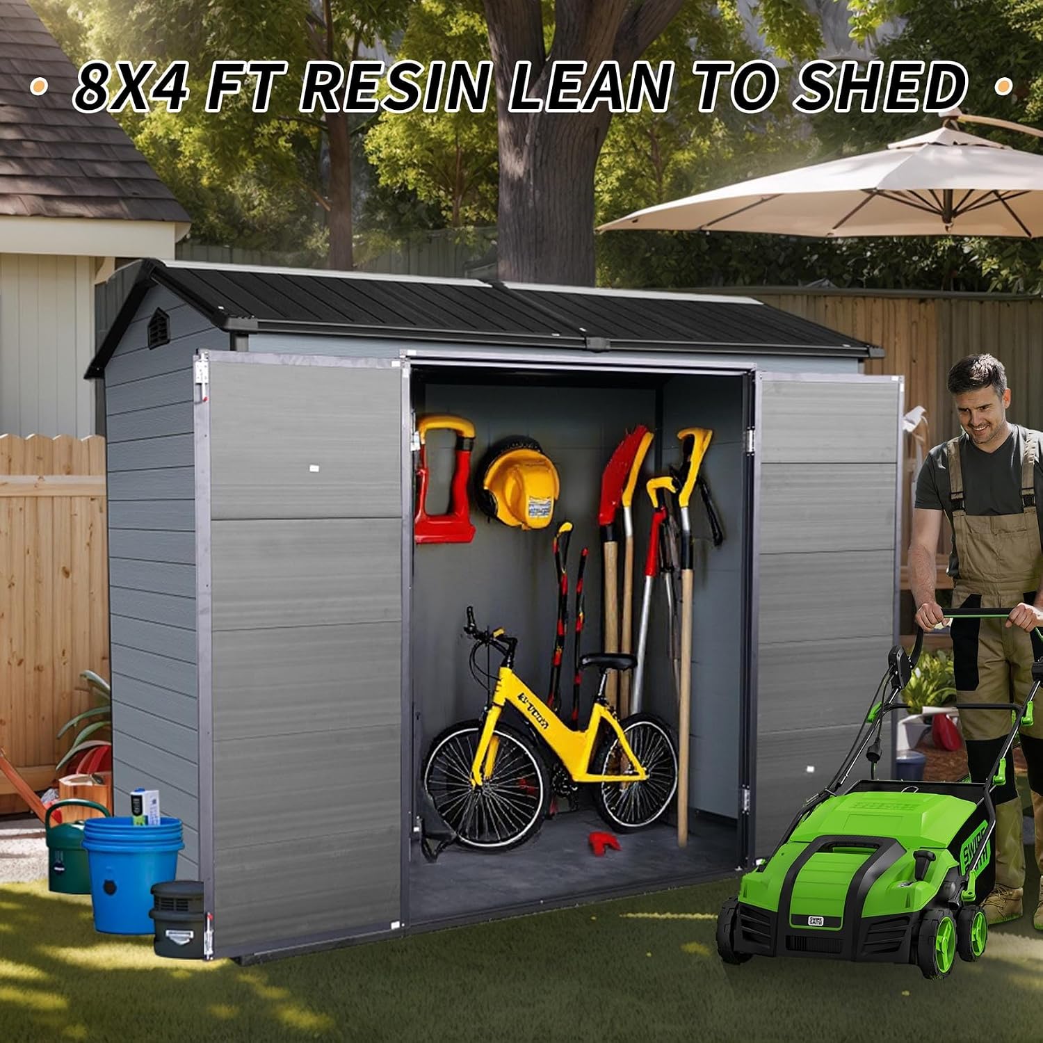 8x4FT Resin Outdoor Storage Shed with 2 Windows, Outdoor Storage Shed with Floor Lockable Door for Garden Tools, Bicycles, Trash Cans, Gray+Black (8x4 FT Steel)