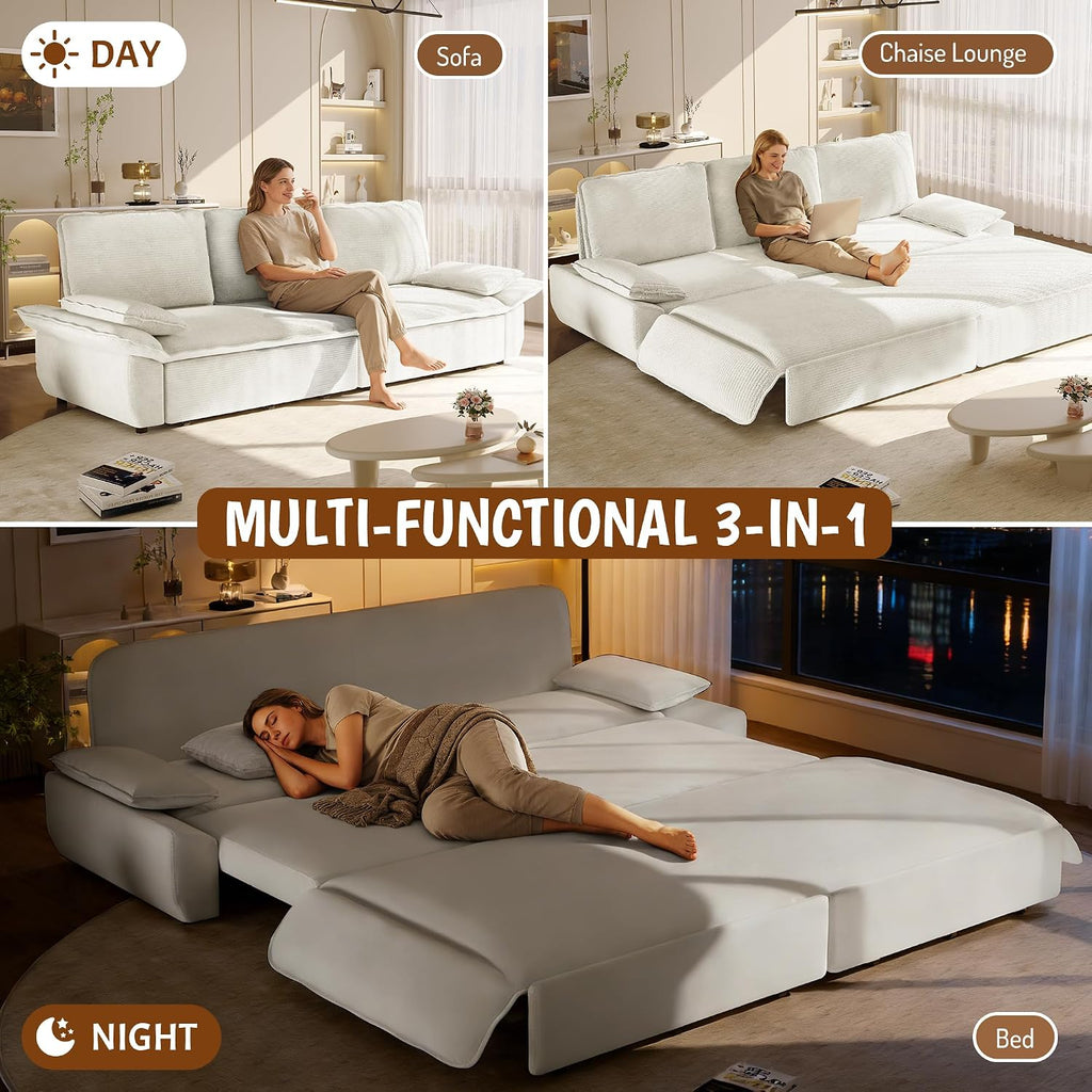 94.5'' Sleeper Sofa Bed King Size, Modern Corduroy Pull Out Couch, 3-in-1 Convertible Futon Sofa, 3 Seater Couches, Cloud Recliner, Pillow Arm, for Living Room, Apartment, Offices, Beige