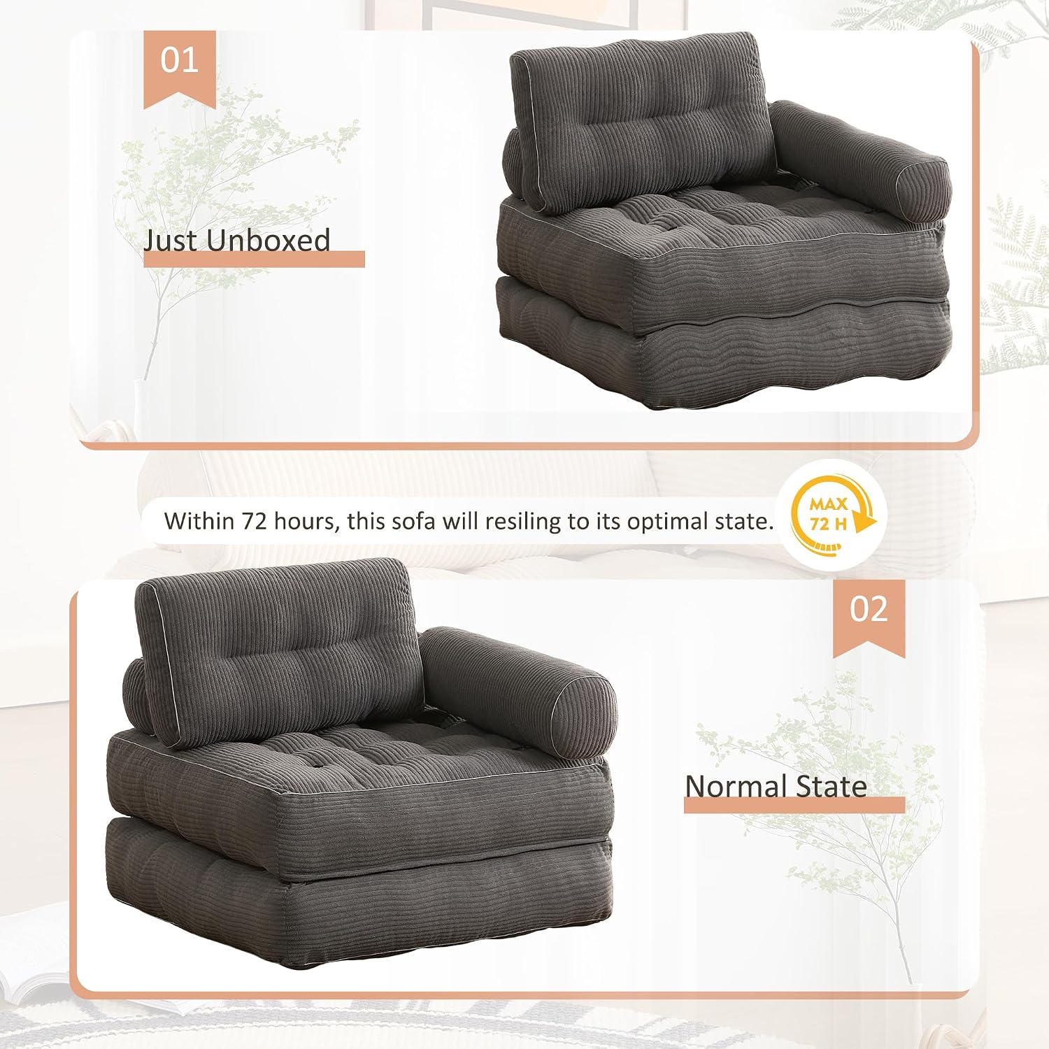 Afuson Plus Futon Sofa Bed for Small Spaces, Floor Couch with Armrest, Folding Sofa Couch, Convertible Sleeper Chair Bed with Pillow, Portable Comfy Floor Lounge for Living Room and Bedroom, Grey