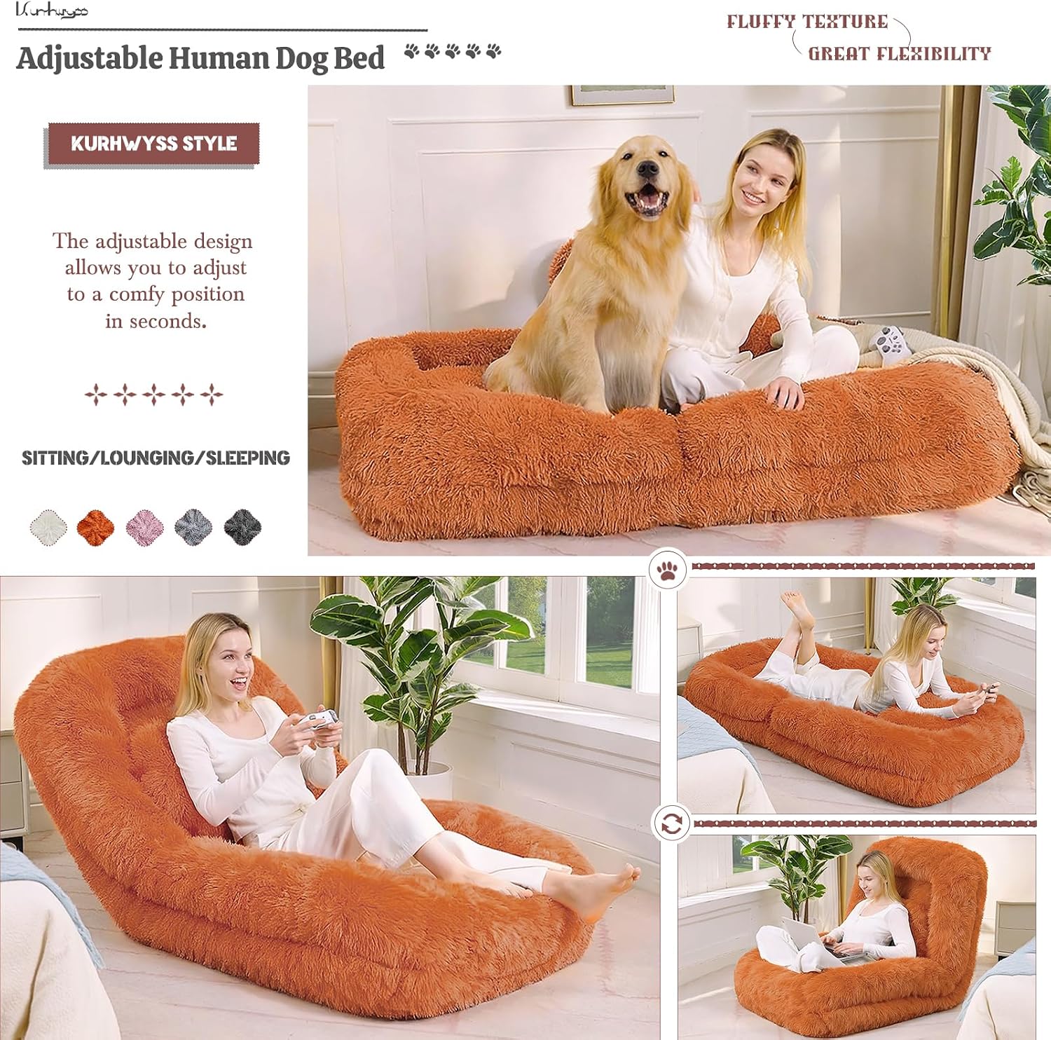 Upholstered Human Dog Bed for Adult & Pets, Convertible Lazy Sofa Bed with 5 Adjustable Position, Comfy Tatami Bean Bag Lounge Chair with a Soft Pillow for Bedroom Living Room (Orange Fluffy)