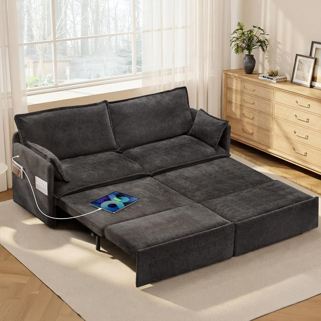 SUNWAVE 74' King Pull Out Sofa Bed - Convertible Sleeper Sofa Bed, Space Saving Corduroy Loveseat Chaise Lounge with USB Charging, Side Pockets for Living Room, Bedroom, Small Spaces(Ink, 74')