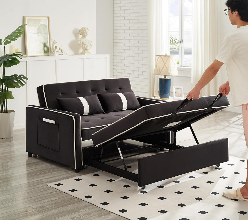3 in 1 Convertible Sleeper Sofa Bed, Small Couch for Living Room Bedroom with Pullout Bed Adjustable Backrest,Velvet,Loveseat Sofa Bed,Futon Couches (Black)