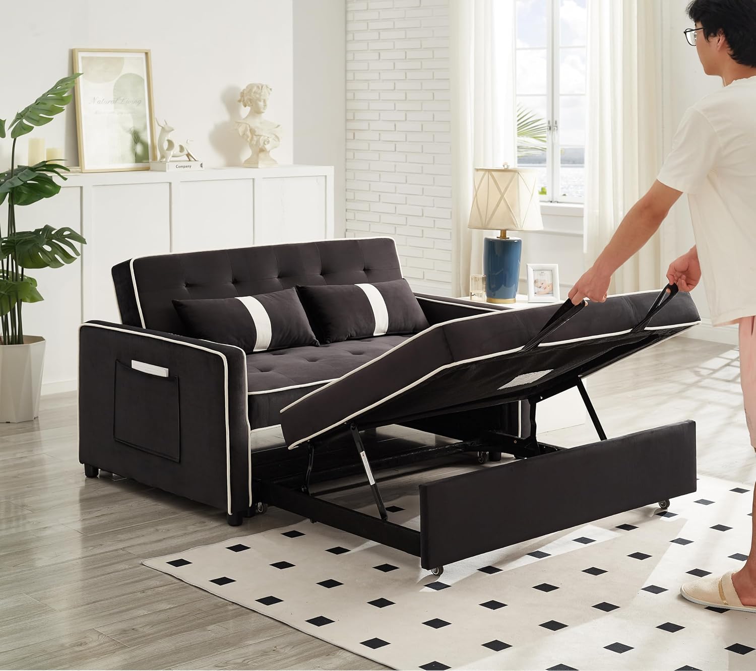 3 in 1 Convertible Sleeper Sofa Bed, Small Couch for Living Room Bedroom with Pullout Bed Adjustable Backrest,Velvet,Loveseat Sofa Bed,Futon Couches (Black)