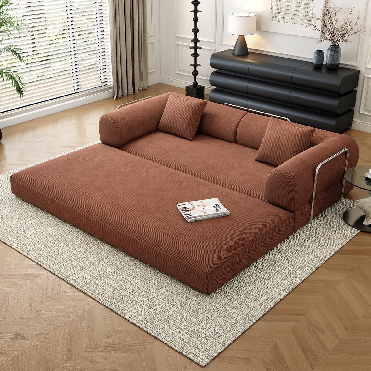 78.8' Modular Sofa Bed - 4-in-1 Convertible Design with Corduroy Fabric and High Density Sponge, Removable Cover and Fixed Frame