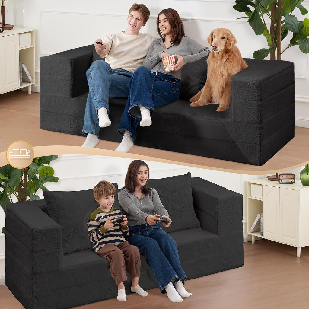 Futon Sofa Bed with Pillow, 3-in-1 Sleeper Sofa Bed with Removable Cover, Convertible Floor Sofa Bed, No Assembly Boneless Couch for Living Room, Bedroom