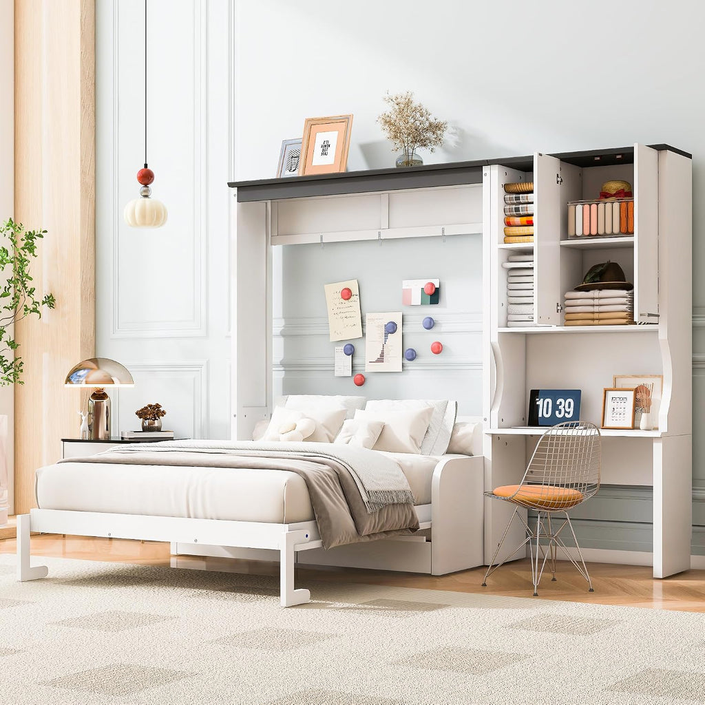 Merax Farmhouse Multi-Functional Murphy Bed with Sofa, Desk & Storage Cabinet,Solid Wood Foldable Wall Bed/Space Saving/No Box Spring Needed/Full,White + Gray