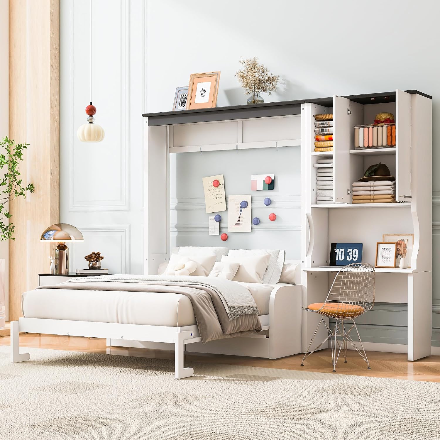 Merax Farmhouse Multi-Functional Murphy Bed with Sofa, Desk & Storage Cabinet,Solid Wood Foldable Wall Bed/Space Saving/No Box Spring Needed/Full,White + Gray