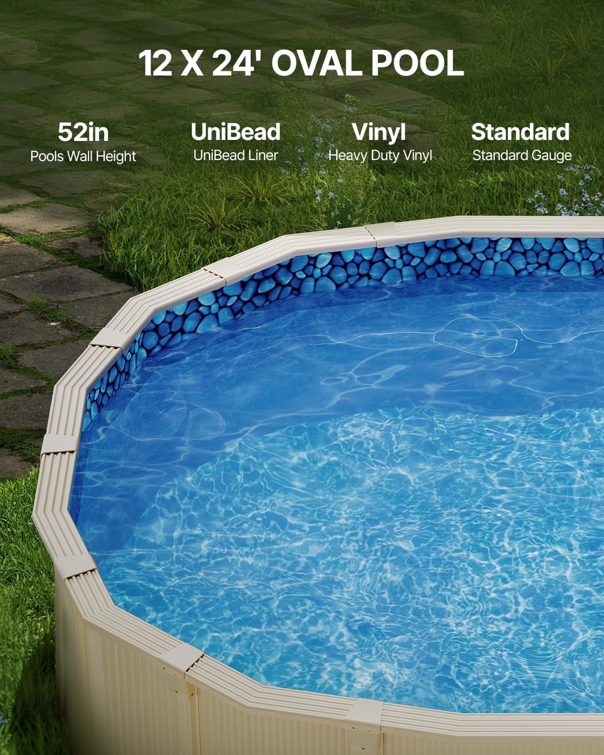 VEVOR 12 x 24 ft Oval Pool Liner, Unibead Above Ground Pool Liners, 52in Wall Height, Durable Standard Gauge Vinyl, Designed for Steel Sided Above-Ground Swimming Pools