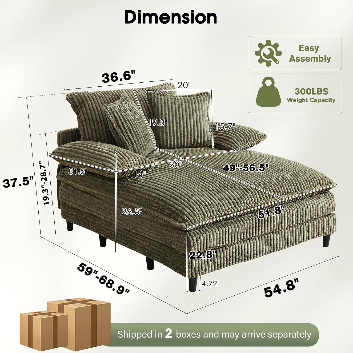 WESTSETLUX 54.8' W Oversized Chaise Lounge Chair Indoor with 5-Position Adjustable Backrest, Corduroy Sleeper Sofa Bed with 3 Pillows, Modern Cloud Couch Chair for Living Room, Bedroom, Green