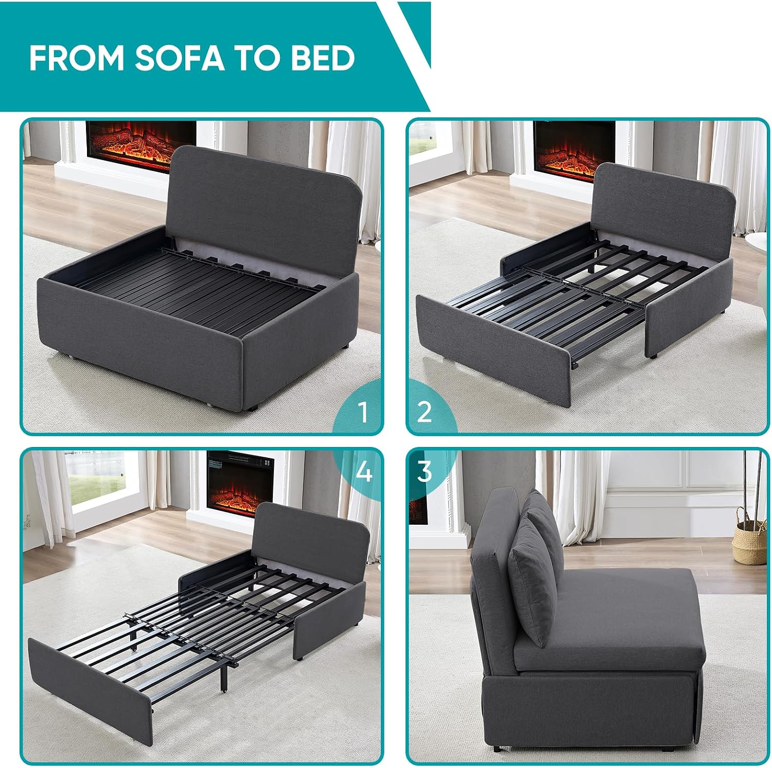 BALUS 43'W Twin Pull Out Sofa Bed Sleeper Couch with Pullout Beds, 2 in 1 Convertible Linen Sleepers Sofa Single Chair with Pillows and 3.9' Foldable Mattress for Small Space Apartment Loft, Dark Grey