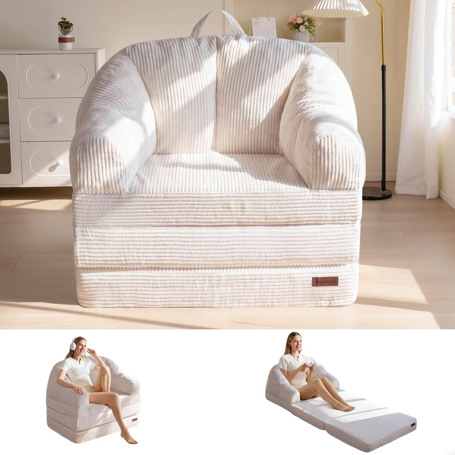 MAXYOYO Folding Sofa Bed with Backrest, Boneless Fold Out Couch Bed with Handle, 2 in 1 Convertible Bean Bag Chair to Floor Sofa Lounger, Comfy Folding Couch for Bedroom & Living Room, Beige