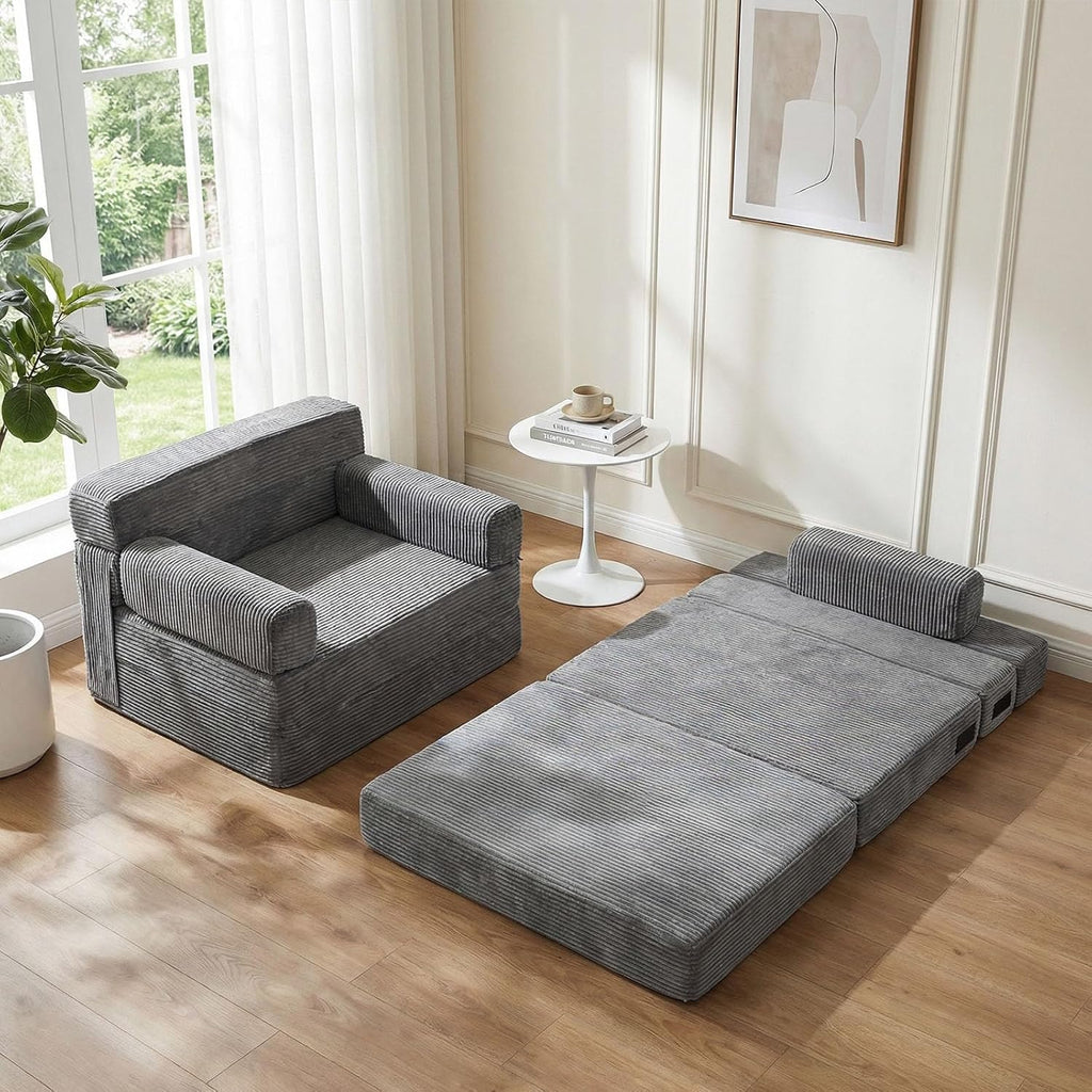 YEPDIN Folding Sofa Bed,Convertible Sofa Bed with Armrest Foldable Sleeper Chair, Portable Folding 4-in-1 Floor Sofa with Convertible Lounge Chair for Living Room,Bedroom,Washable Cover,Grey Single
